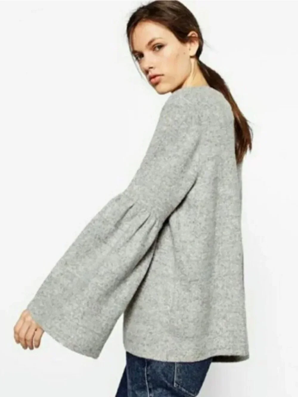 ZARA Bell Sleeve Soft Knit Sweater in Heathered Marled Gray Size S - Picture 3 of 10